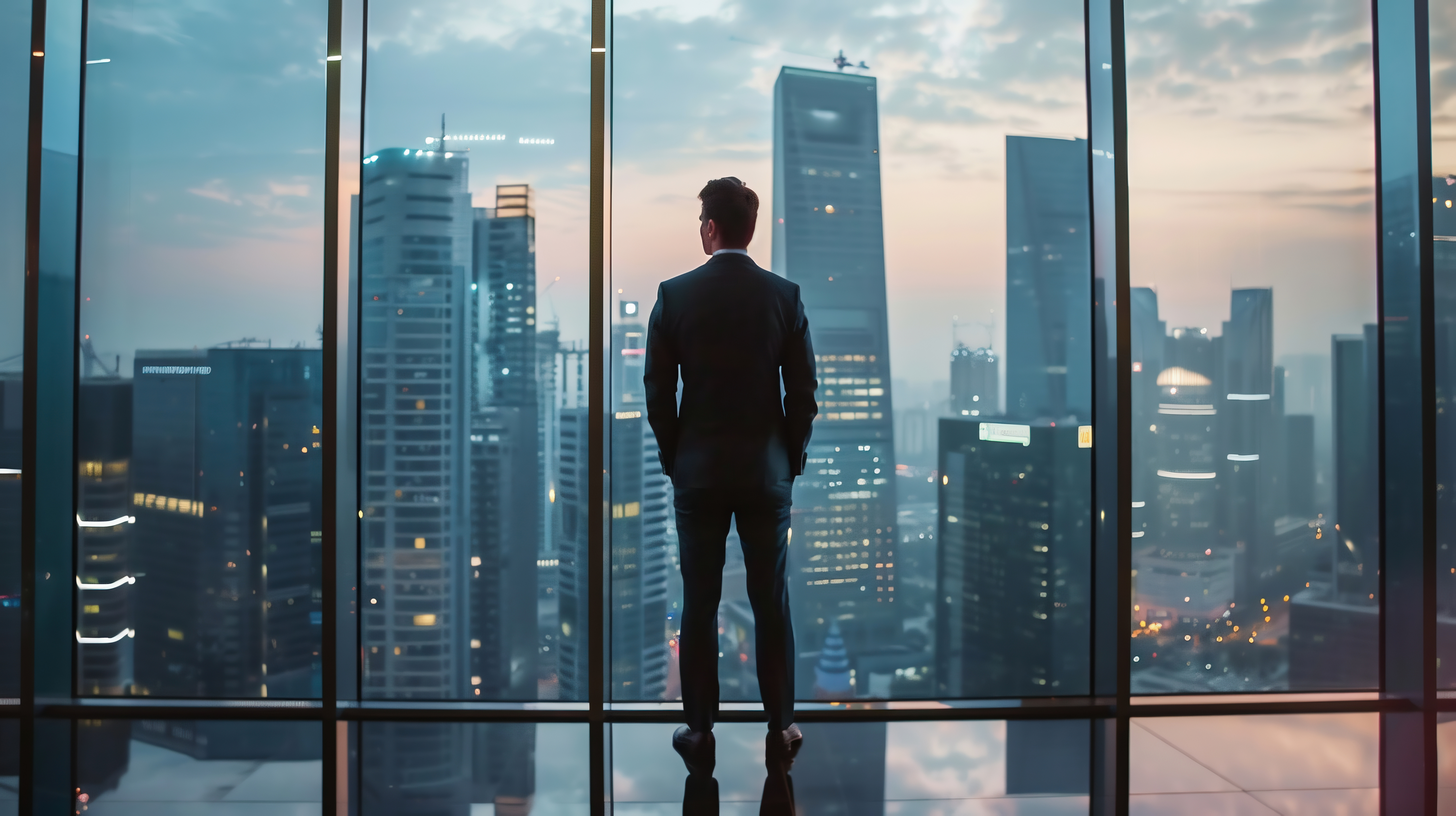 Business professional overlooking city skyline
